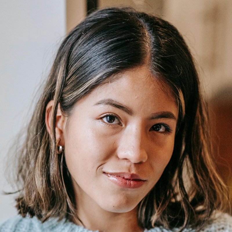 Beautiful brown haired girl with a slight smile looking into the camera